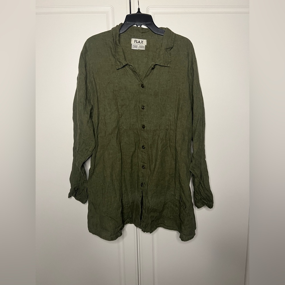 FLAX Linen Tunic Top Olive Green Large Lagenlook Button Front - Picture 3 of 10